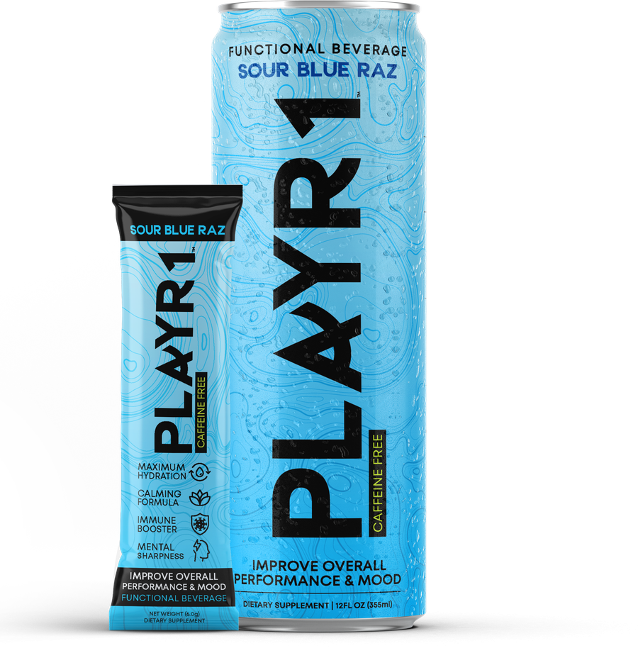 PLAYR1 Sour Blue Raz can and stick pack